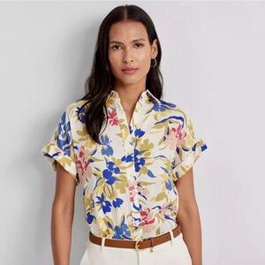 Ralph Lauren Womens XXL Relaxed Fit Floral Short Sleeve Linen Shirt Black Label